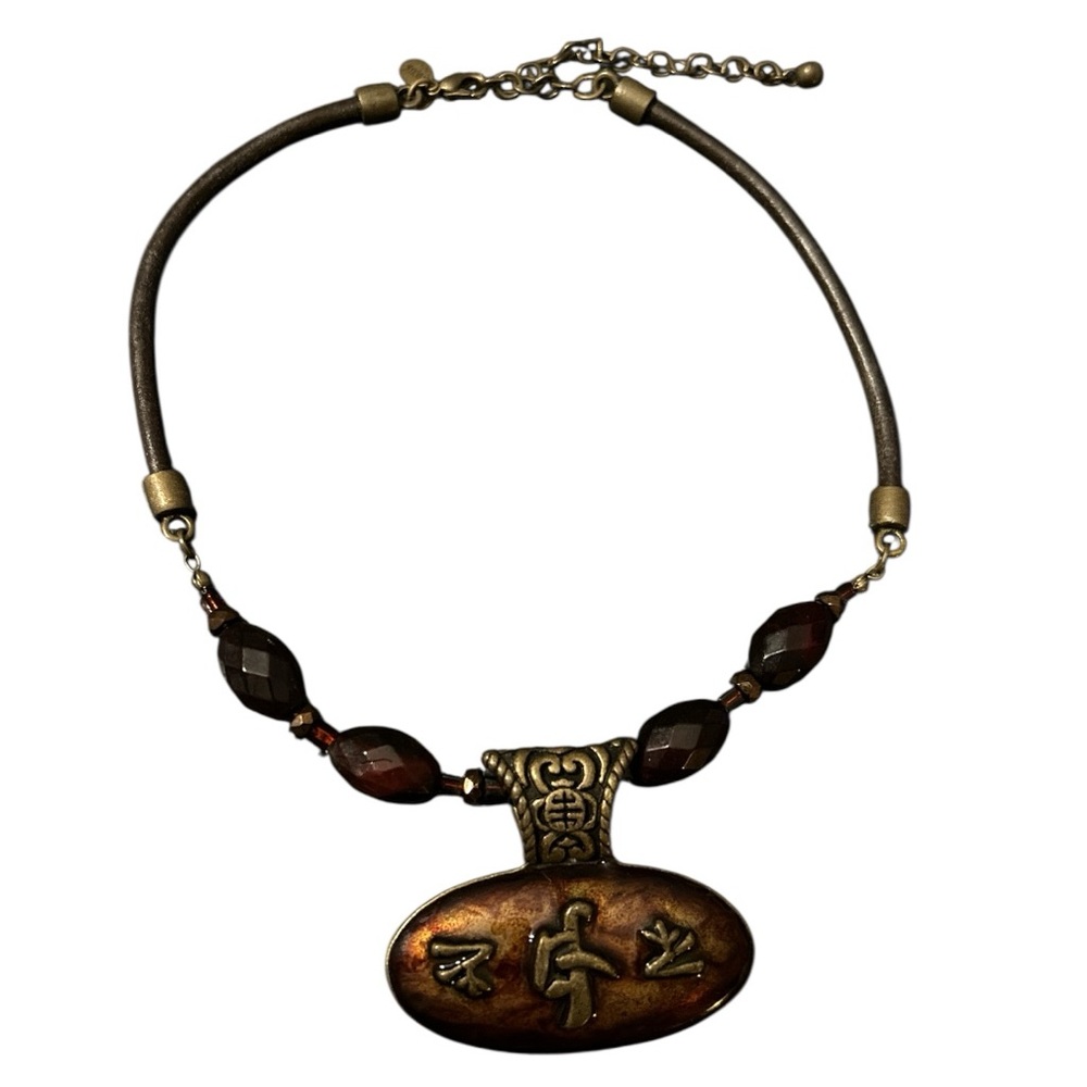 Vintage Chicos Enamel Gold tone Pendant Asian Inspired Necklace